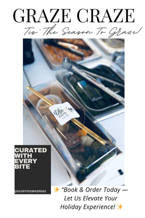 Clear takeaway graze box with salami, cheese cubes, grapes and blueberries and a gold skewer on a buffet counter with tongs — festive holiday charcuterie catering