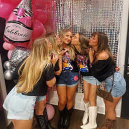 Custom Bachelorette/Birthday Party Decor Set Up with Themed Balloon Garland, Foil Backdrop & More image 9