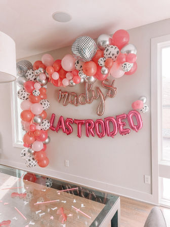 Custom Bachelorette/Birthday Party Decor Set Up with Themed Balloon Garland, Foil Backdrop & More image 10