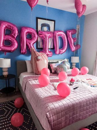 Custom Bachelorette/Birthday Party Decor Set Up with Themed Balloon Garland, Foil Backdrop & More image 7