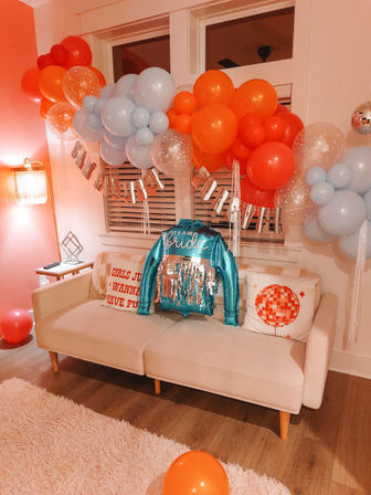 Custom Bachelorette/Birthday Party Decor Set Up with Themed Balloon Garland, Foil Backdrop & More image 14