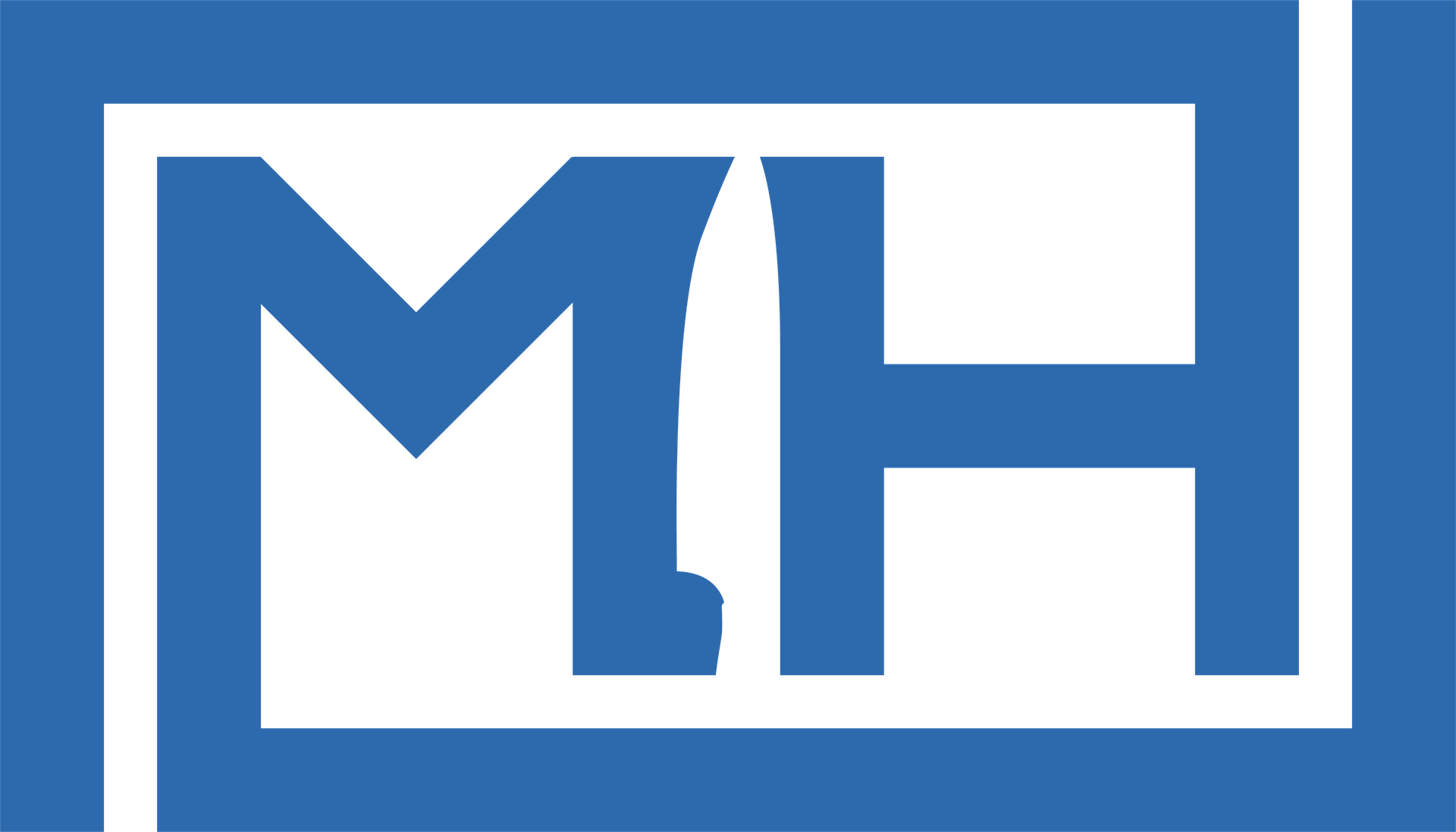 Bold blue geometric "MH" logo inside a matching rectangular frame on a black background — modern branding icon.
