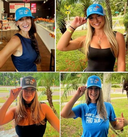 Four-panel collage of smiling women wearing branded trucker caps and casual tops, posing inside a café and outdoors among palm trees — cheerful food-tour vibe.