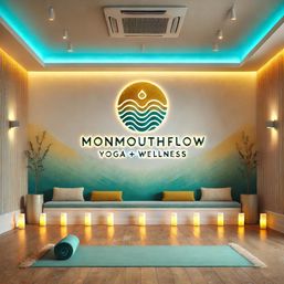 Cozy coastal-inspired yoga studio interior with teal gradient wall and backlit circular wave logo, bench seating with cushions, a row of glowing candles, hardwood floor and a rolled teal yoga mat.