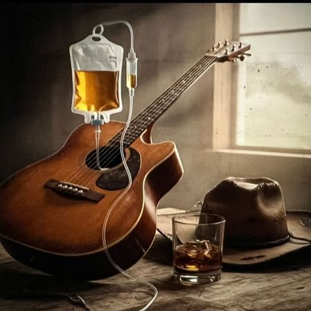 Acoustic guitar fitted with an IV drip bag beside a glass of whiskey and a worn cowboy hat on a rustic wooden table by a sunlit window, country music vibe.