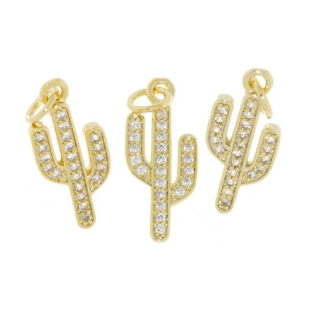 Three gold cactus-shaped charms encrusted with clear crystals on a white background — mini rhinestone pendants, desert-inspired jewelry accents.