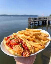 Mouthwatering lobster roll piled with claw meat and herbs, served with golden fries on a plate over a sunny coastal pier and calm harbor waters.