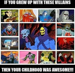 Retro meme collage of classic 1980s cartoon villains with Skeletor center, surrounding animated bad guys and bold caption celebrating childhood nostalgia.