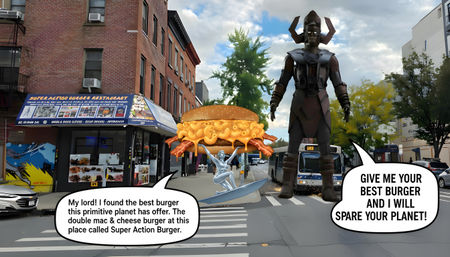 City street corner with a brick-front burger shop, a silver surfer statue lifting a giant mac-and-cheese burger, a towering robot and comic-style speech bubbles about the burger.