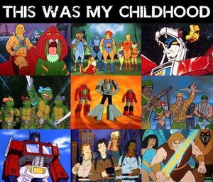 Retro 1980s cartoons collage under a 'THIS WAS MY CHILDHOOD' banner featuring a sword‑wielding hero with a giant cat, lion-themed warrior team, giant robot, ninja turtles, transforming robots, military action squad and a ghost-hunting crew.