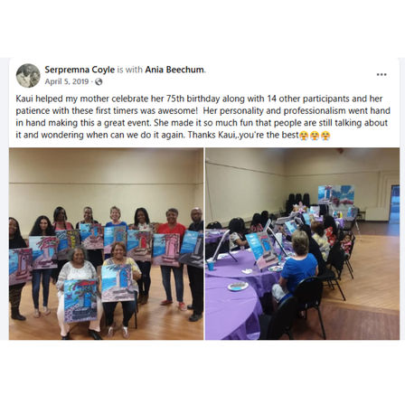Community center painting party: two-panel image showing a smiling group of adults proudly holding matching beach-themed canvases and a second view of guests seated at purple-covered tables painting on easels during a birthday celebration.