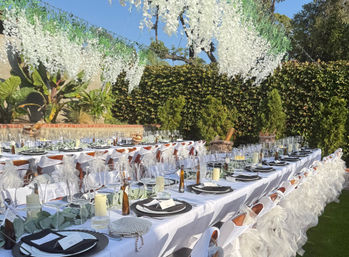 Sunlit outdoor garden banquet: long white-draped tables with black chargers, stacked wine glasses, candles and place cards, ruffled chair sashes and hanging white floral garlands against a green hedge — elegant reception setup.