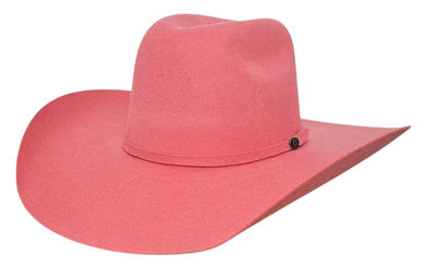 Pink wide‑brim felt cowboy hat with creased crown and slim hatband, product-style image on white background