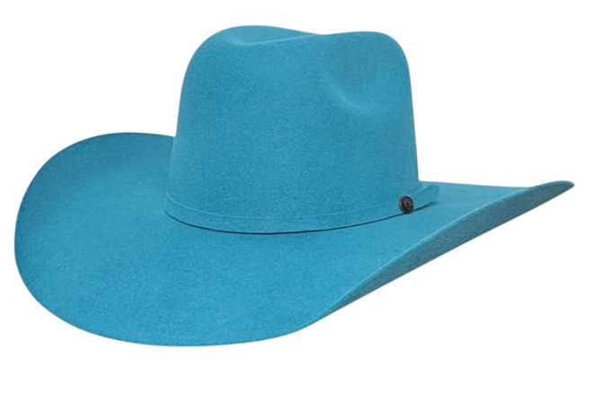 Bright turquoise western felt cowboy hat with a wide curved brim, creased crown and thin hatband with a button, isolated on a white background