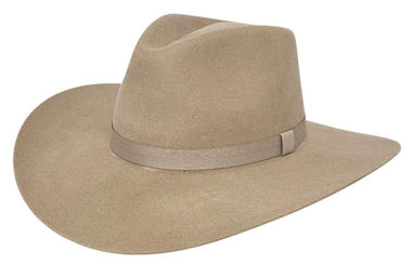 Tan felt wide-brim fedora hat with ribbon band, Western-style outdoor accessory
