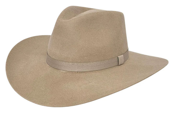 Tan felt wide-brim fedora hat with ribbon band, Western-style outdoor accessory