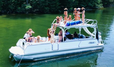 Rowdy Boat Double Decker Slide Boat at Party Cove on Percy Priest with BYOB, Huge Lily Pad, 4 Man Raft for Tubing, and More (Up to 16 Passengers) image