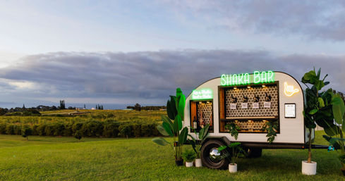 Neon-lit mobile bar trailer with potted tropical plants parked on a grassy coastal field at dusk, ocean and rolling hills on the horizon
