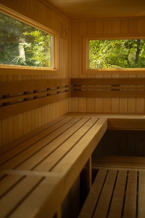 Cozy wood-paneled sauna interior with tiered slatted benches and horizontal windows framing green bamboo outside.