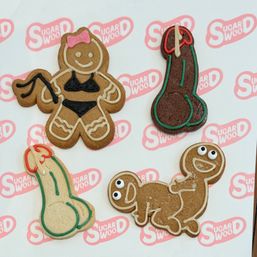 Playful adult-themed iced sugar cookies on patterned paper: a gingerbread person in a black icing bikini alongside three colorful phallic-shaped novelty cookies, fun novelty dessert or gift.