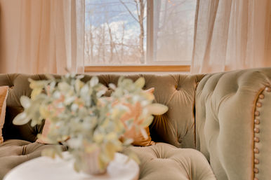 Cozy living room corner with olive-green tufted velvet sofa, blush throw pillows, sheer beige curtains and a window showing bare winter trees, blurred potted plant on a round white table in foreground