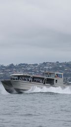 Silver passenger catamaran ferry cutting through choppy bay waters with passengers under a covered cabin and a foggy coastal hillside of homes in the background