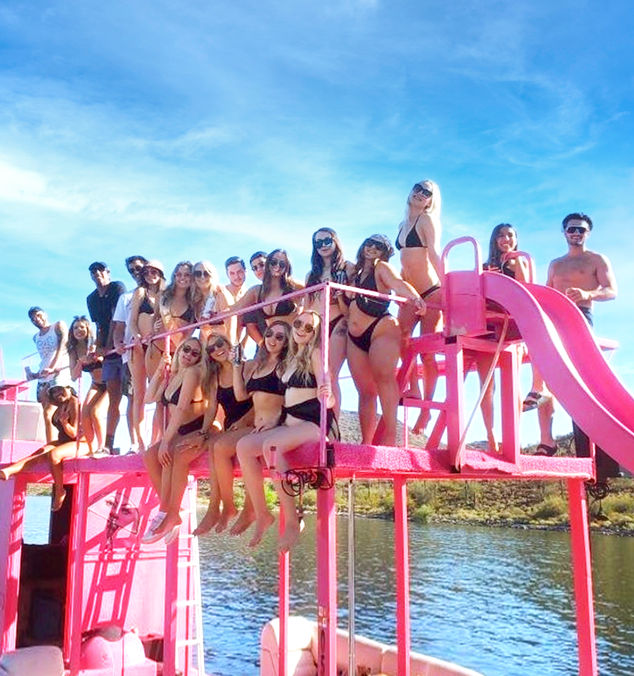 Thumbnail image for Pink Party Barge Double Decker Boat on Lake Pleasant with Waterslide and Roundtrip Lake Party Bus Shuttle