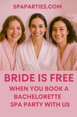 Three smiling women — bride in a white robe and veil between friends in pink robes — on a pink spa bachelorette party promo banner advertising a bride-is-free offer.