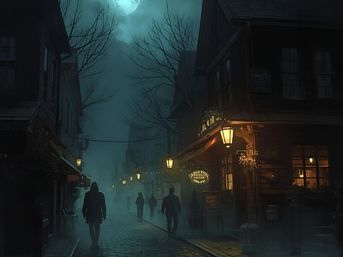 Foggy moonlit cobblestone street in a historic town at night, a moody, mysterious scene of warm lantern-lit storefronts and shadowy pedestrians in the mist