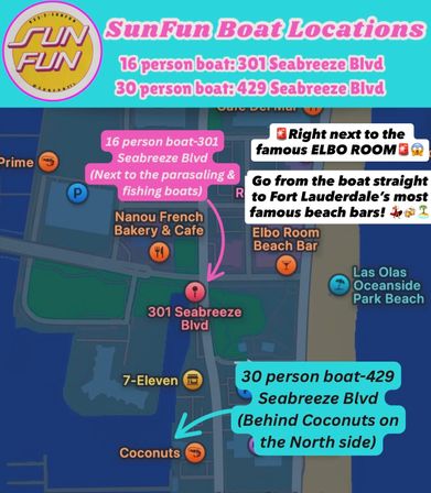Bright SunFun Boat Locations map of Fort Lauderdale showing two Seabreeze Blvd pickup points — 16‑person boat at 301 Seabreeze Blvd and 30‑person boat at 429 Seabreeze Blvd (behind a northside beachfront bar) with arrows pointing to the beach area and nearby ocean park.