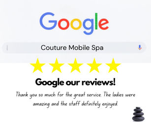 Google search mockup showing a spa name in the search bar, five yellow stars, a 'Google our reviews!' headline, a short positive review line, and stacked spa stones.