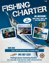 Vibrant fishing charter poster featuring a leaping marlin, close-up rods and reels, inset photos of anglers and catches, bold “Fishing Charter” headline, notes on “All inclusive” gear and full- or half-day booking call-to-action