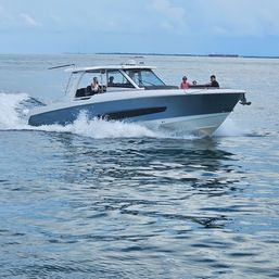 Gray-and-white cabin cruiser speeding through calm coastal waters with passengers on deck, bow cutting through waves under a cloudy blue sky