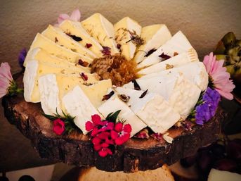 Creamy brie wheel fanned around a honeycomb center on a rustic wood slab, decorated with bright pink and purple edible flowers.