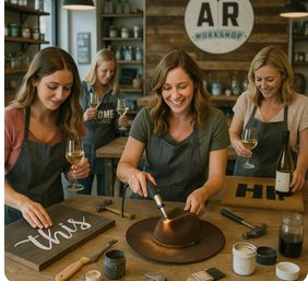 Four women in a cozy rustic craft studio, sipping white wine while torching a brown felt hat and painting wooden signs in a DIY workshop