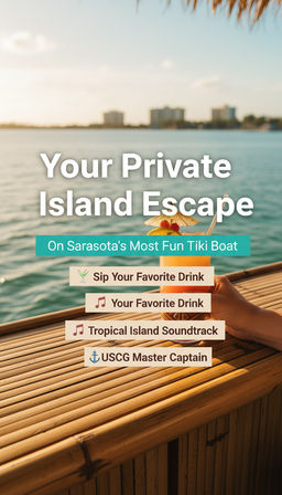 Hand holding a garnished tiki cocktail on a bamboo boat bar overlooking calm Sarasota bay skyline, promotional overlay for a private island escape with drinks, music, and USCG captain highlights.