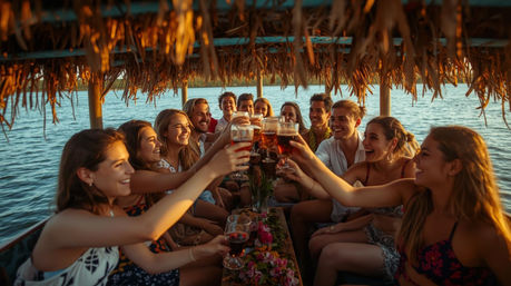 Group of friends toasting with drinks on a tiki‑thatched boat at sunset over calm tropical waters, lively vacation boat party