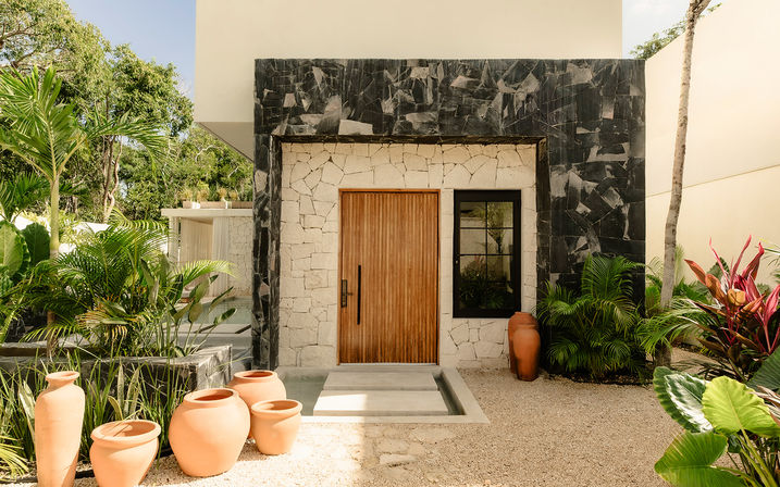 Sunlit modern tropical entrance with a vertical wooden door set in light stone and black marble frame, shallow reflecting pool, clustered terracotta pots, and lush palm and tropical foliage.