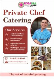 Colorful flyer for private chef catering featuring a smiling chef in a blue jacket, bold "Private Chef Catering" headline, a services panel listing customized menus, private dining, corporate lunches and weddings, a collage of plated Latin-American–inspired dishes, plus a contact block and slogan.