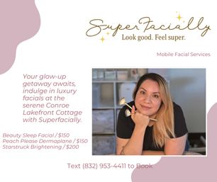 Smiling esthetician leaning on hands while holding facial brushes in a cozy treatment room; promotional flyer for mobile facials in Conroe, TX with soft pink branding and listed services and prices.