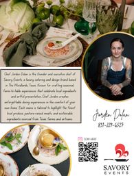Promotional catering flyer for a Texas-based farm-to-table service showing an elegant place setting with vintage china, pink salt and a spooned appetizer, green glassware and leafy decor; circular inset portrait of a tattooed chef seated, text block about seasonal local menus, QR code and logo.
