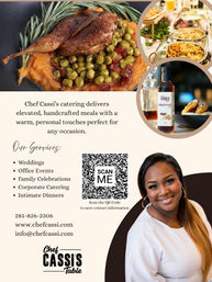 Catering flyer featuring a plated roasted bird on sweet potato mash with peas, circular inset shots of buffet dishes and a bottled sauce, a QR code and contact details, plus a smiling chef portrait promoting weddings, office events, family celebrations, corporate catering and intimate dinners.