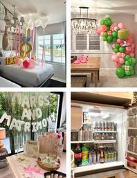 Beautiful Airbnb Decor with Backdrops, Balloon Garlands, Bride Room, Fridge Stocking image
