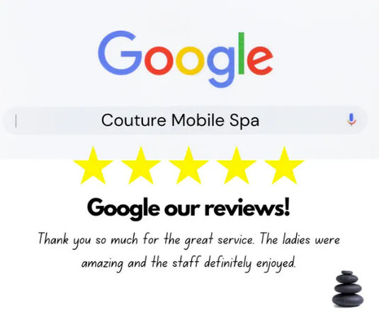 Google search graphic of a mobile spa listing with five yellow stars, 'Google our reviews!' headline, a brief positive review snippet and stacked spa stones icon.