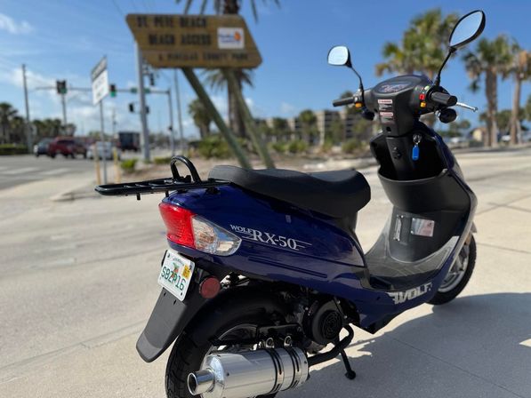 Blue Wolf RX-50 motor scooter parked on a sunny beachside street with palm trees, traffic lights, and a coastal intersection in the background.