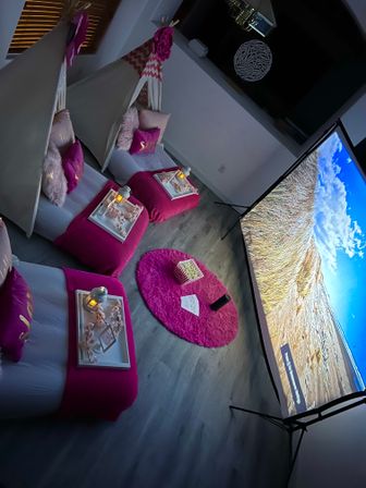 Cinematic Cozy Slumber Party Setup with Projector, Movie Screen & Popcorn image 1