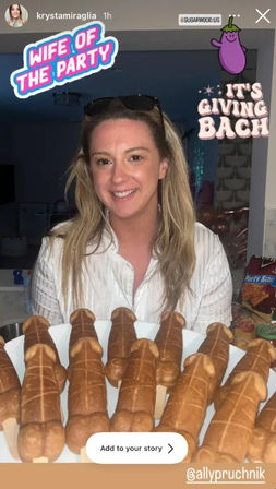 Smiling woman in a white shirt holding a plate of novelty phallic-shaped cake pops on sticks, Instagram stickers reading “WIFE OF THE PARTY” and “IT’S GIVING BACH,” kitchen party scene with snacks in background.