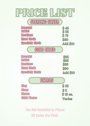 Playful pastel jewelry price list poster with large "Price List" header; sections for Sterling Silver and Gold Filled listing bracelet, anklet, necklace, hand chain and specialty chain prices, plus an Extras section for ring, clasp and charm.