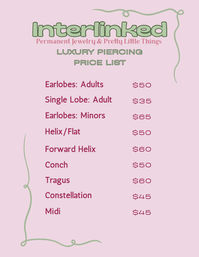 Pastel pink luxury piercing price list poster with green flourishes showing ear piercing services and prices — earlobes adults $50, single lobe $35, earlobes minors $65, helix/flat $50, forward helix $60, conch $50, tragus $60, constellation $45, midi $45.