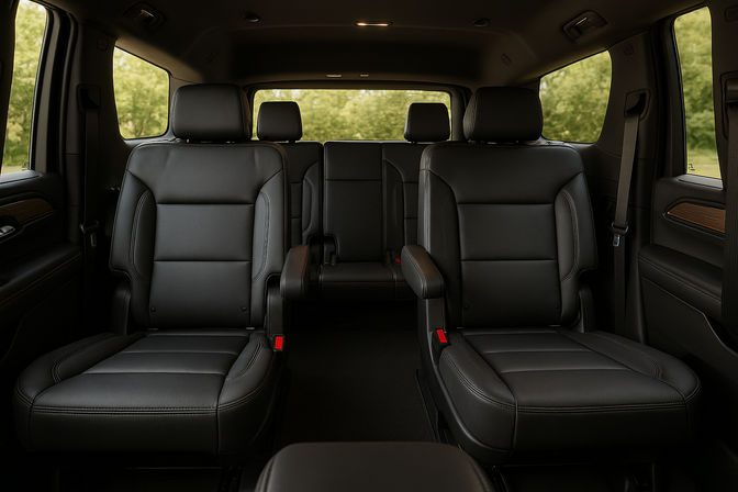 Roomy luxury SUV interior with black leather captain chairs, third-row seating and tree-lined window view.
